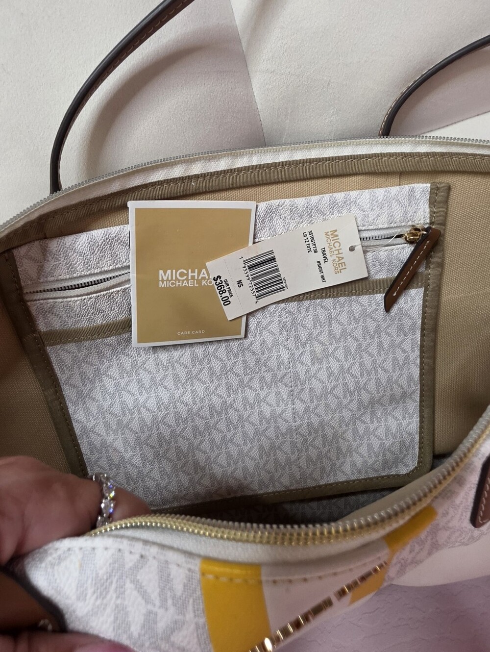 Michael Kors White Canvas Jet Set Tote with Yellow Accent Stripe